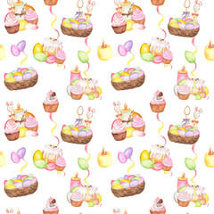 Watercolor eggs basket, iced cake, Easter bunny and cupcakes in seamless pattern. Pink candle. Happy Easter clipart. Hand-drawn illustration for wrapping paper, tablecloth, napkins, runners