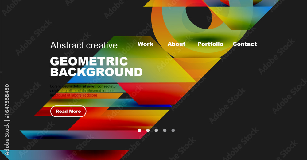 Aufkleber modern website header design. colorful geometric shapes, text elements, navigation menu present. dar