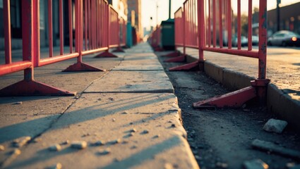 Fototapeta premium A sidewalk with red barriers on each side, taken from a low angle.