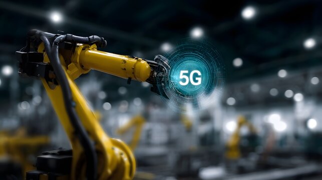 Robotic arm in factory with 5G technology interface