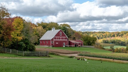 Picturesque Red Barn and Farm in Autumn Landscape with Green Fields and Fall Foliage