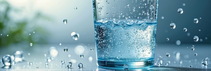Refreshing sparkling water glass with condensation and bubbles in natural light