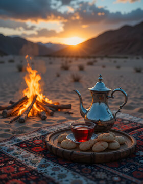 Teapot of Tea and Cookies on the Background of a Campfire in the Desert at Sunset