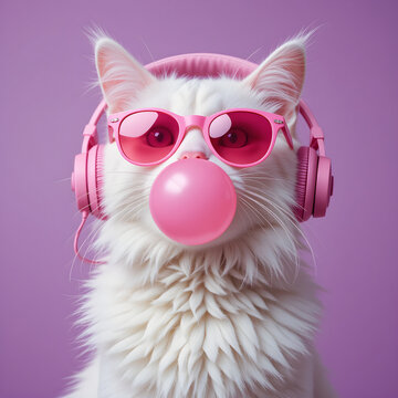 Funny White Cat With Pink Headphones and Sunglasses, Chewing Gum