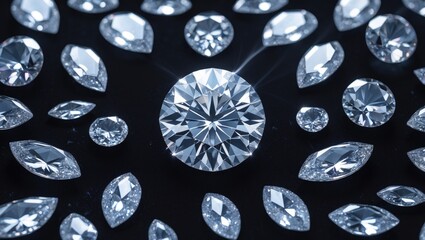 A collection of diamonds of various shapes and sizes arranged on a dark background.