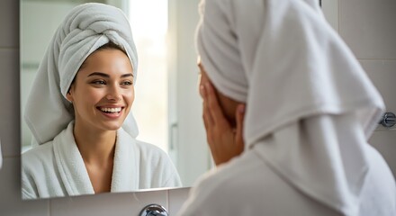 Fototapeta premium Smiling Woman in Robe and Towel Looking in Mirror