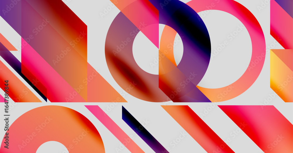 Poster abstract composition featuring vibrant circles, lines. gradient colors blend, creating dynamic visua