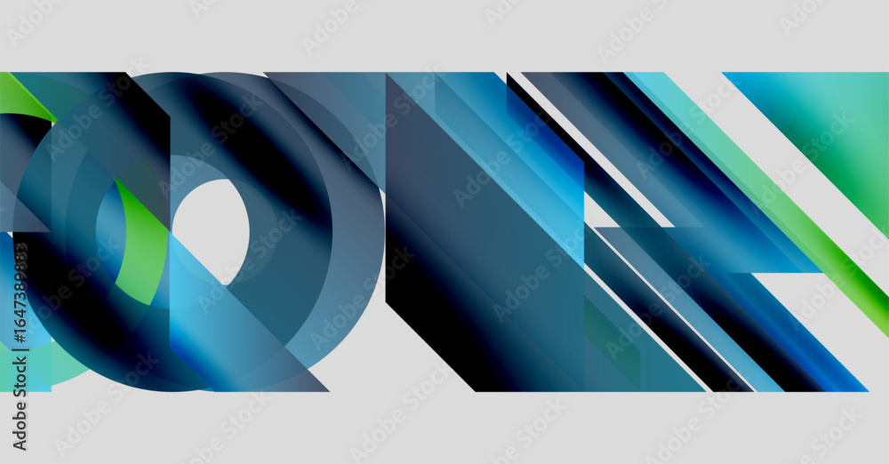 Poster abstract geometric composition. circles, rectangles overlap creating dynamic visual effect. blue, gr