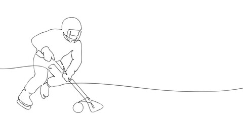 Broomball athlete in helmet playing with stick and ball on ice. Minimal linear style illustration. Winter team sport activity. Milano Cortina 2026 Winter Olympics sport concept.