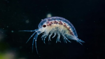 Transparent amphipod swimming in dark ocean waters