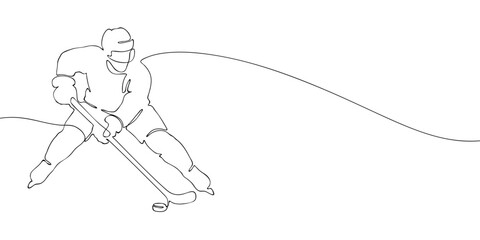 Ice hockey player in helmet skating with stick and puck. Continuous line vector illustration. Winter team sport and competition. Milano Cortina 2026 Winter Olympics sport concept.