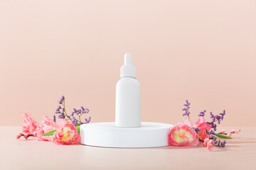 Abstract empty white podium on pink background. Mock up stand for product presentation. 3D Render. Minimal concept. Advertising template