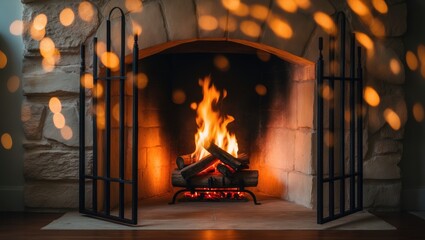 A cozy fireplace with burning logs and glowing embers, enclosed by a black metal gate, creating a warm and inviting atmosphere in a stone surround.