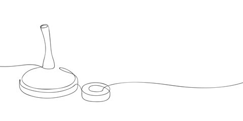 Minimalist line drawing of an ice stock sport stick and target on ice. Simple outline illustration of traditional winter sport.