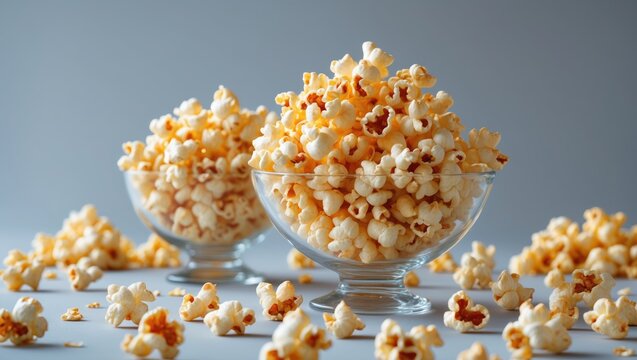 Bowl of popcorn served in glass dish with scattered popcorn around, crispy and golden, with a gray background.