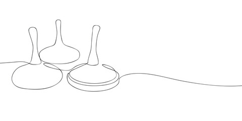 Minimalist line drawing of three ice stock sport sticks arranged on ice. Outline style illustration of traditional winter sport.