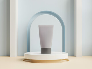 Minimalist cosmetic product mockup. A white spray bottle on a podium in a modern, architectural setting with a pastel blue arch. Ideal for skincare or beauty brand advertising.