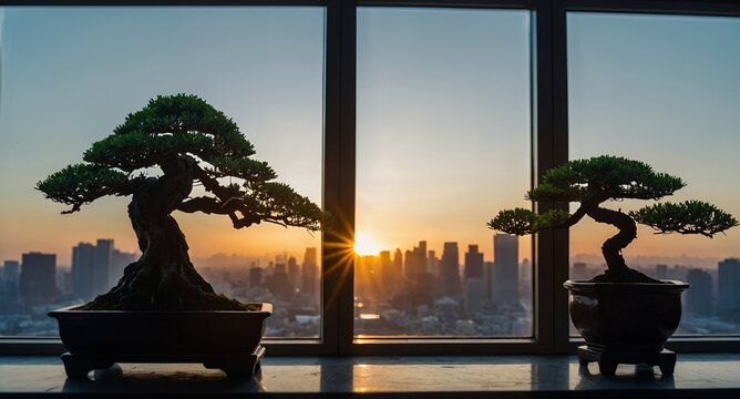Two bonsai trees in pots against a large window with a cityscape and sunrise background view