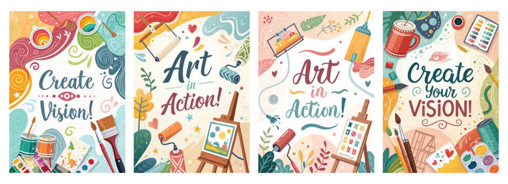 Colorful art-themed illustrations encouraging creativity and artistic expression.