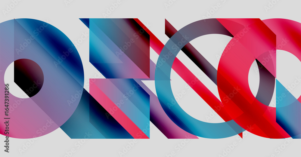 Poster abstract composition featuring overlapping colorful shapes. gradient hues blend, creating dynamic vi