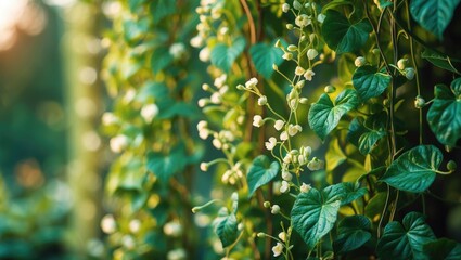 Close-up of green leaves and white flowers on a vine, with a blurred background.