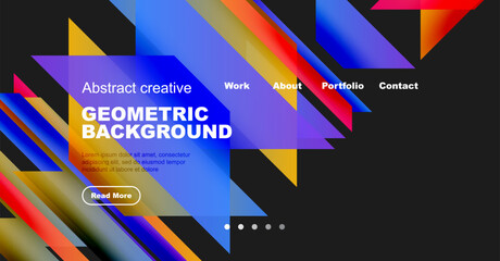 Bright geometric design. Vivid colors create dynamic background for website header section. Text overlays present portfolio information.