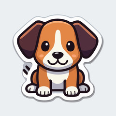 Cute cartoon sticker of a happy puppy dog with brown and white fur, sitting and smiling.