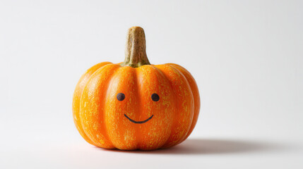 Cute small orange pumpkin with carved smiley face on white background perfect for halloween decoration and autumn celebration