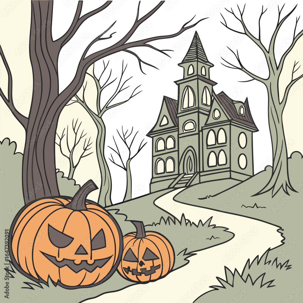 Poster old house with pumpkins in front, hellowen night hellowen party. happy hellowen background vector,he