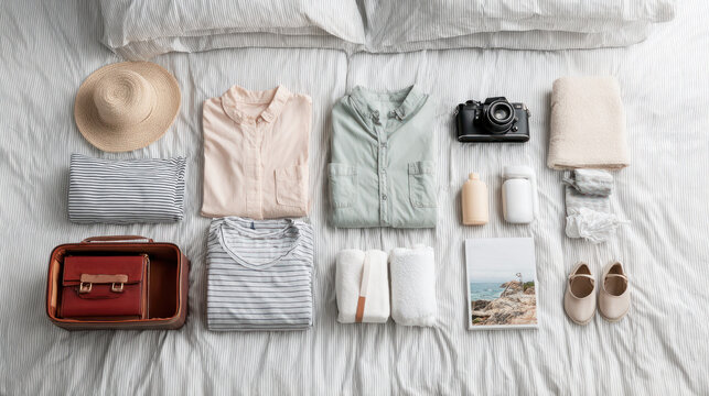 Preparing for a vacation: a curated selection of travel essentials on a bed, ready for a trip.