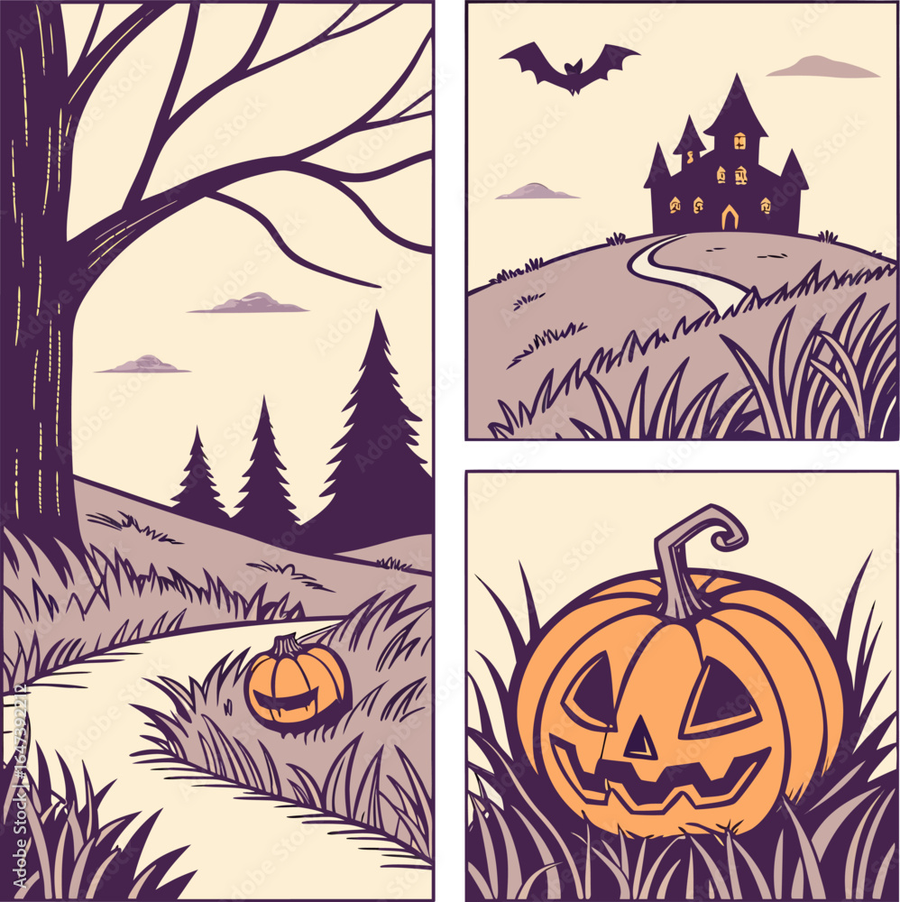 Poster old house with pumpkins in front, hellowen night hellowen party. happy hellowen background vector,he