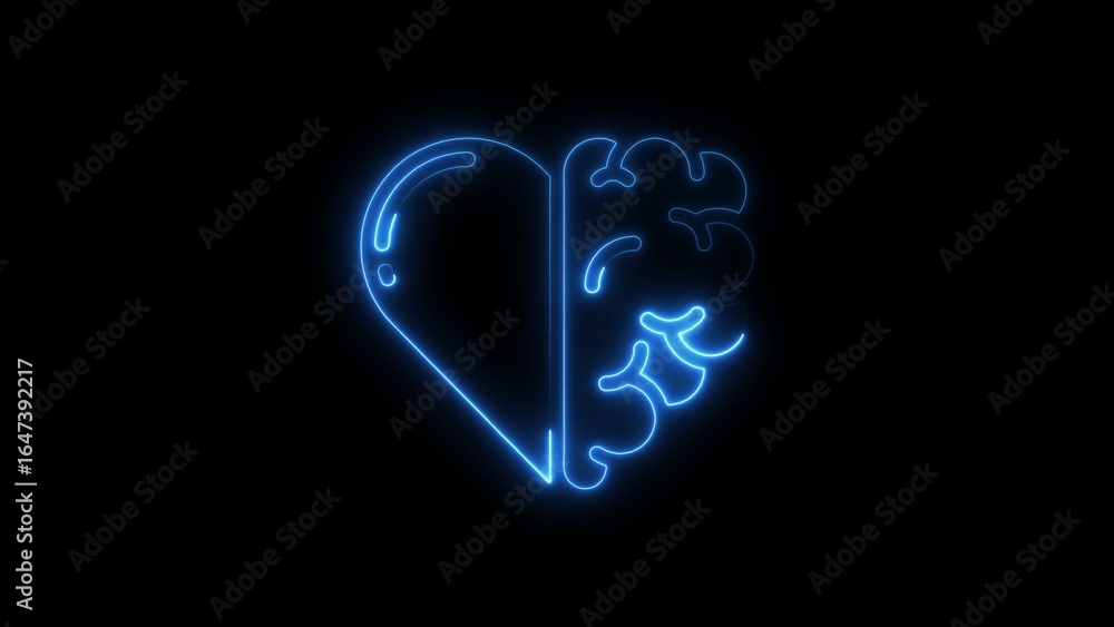 Poster neon blue heart and brain symbol representing emotion and intellect on black background