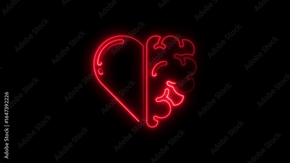Poster illuminated red neon heart and brain symbol conceptualizing emotion and logic
