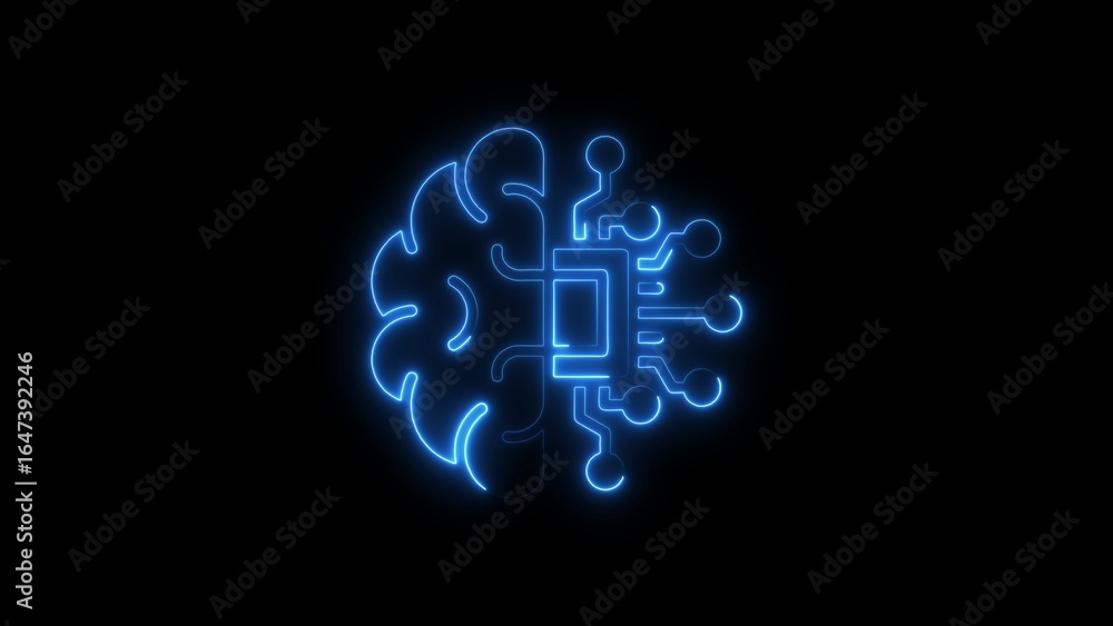 Poster glowing neon brain and microchip concept symbolizing artificial intelligence and technology