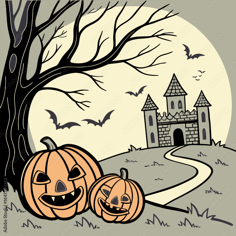 Poster old house with pumpkins in front, hellowen night hellowen party. happy hellowen background vector,he