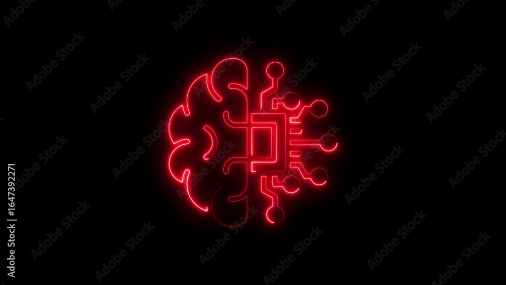 Aufkleber glowing red neon brain symbol merged with a circuit board design on black background