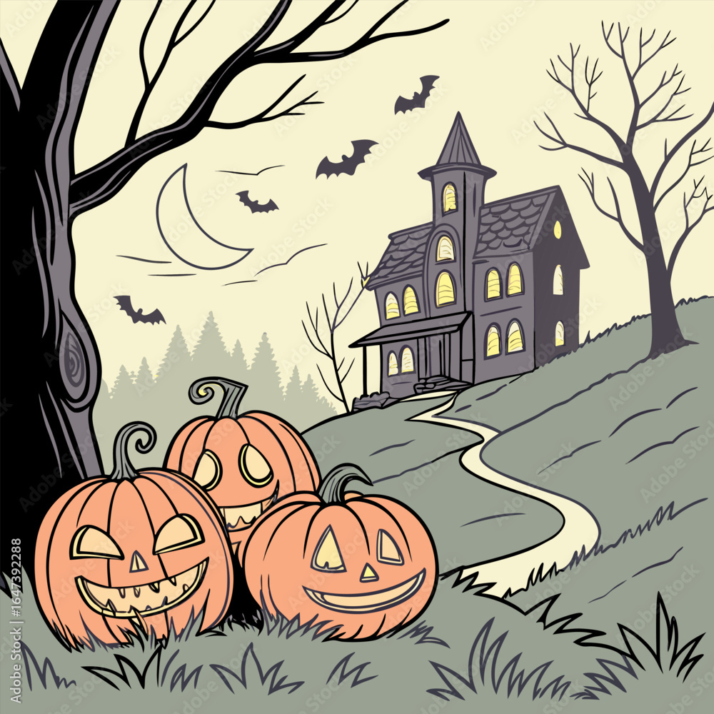 Poster old house with pumpkins in front, hellowen night hellowen party. happy hellowen background vector,he