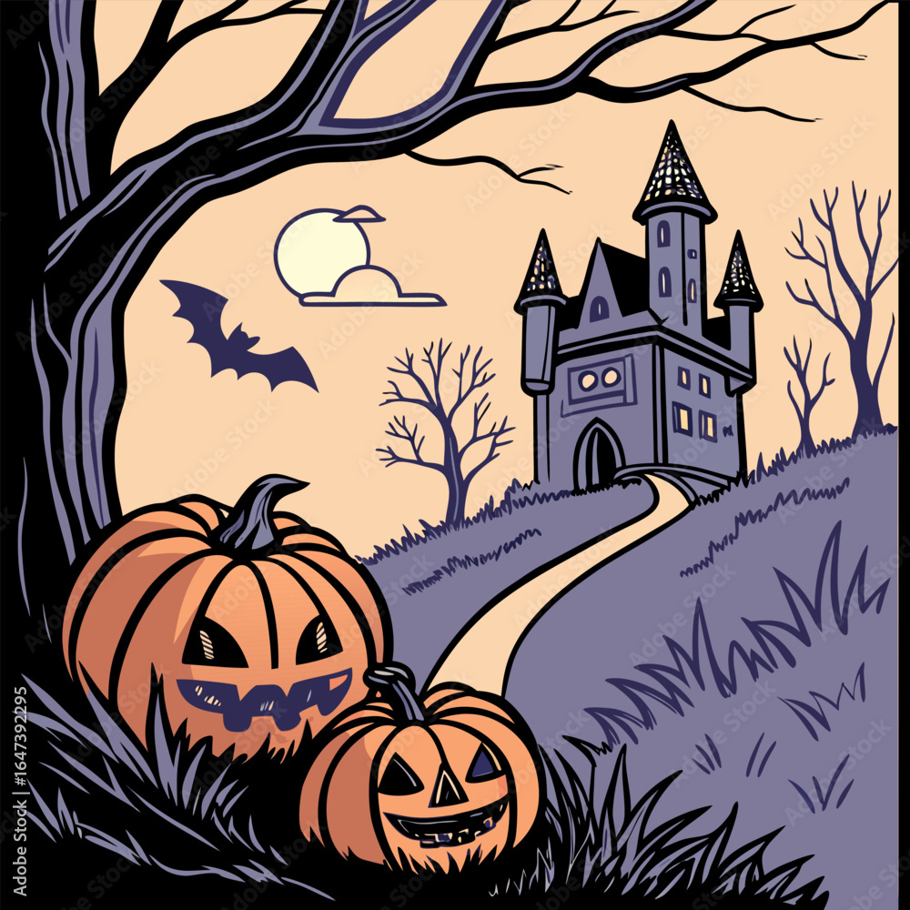 Poster old house with pumpkins in front, hellowen night hellowen party. happy hellowen background vector,he