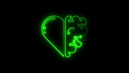 Fototapeta premium Green neon outline of a heart combined with a brain symbolizing emotions and logic
