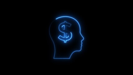 Abstract neon blue silhouette of a human head with a dollar symbol inside