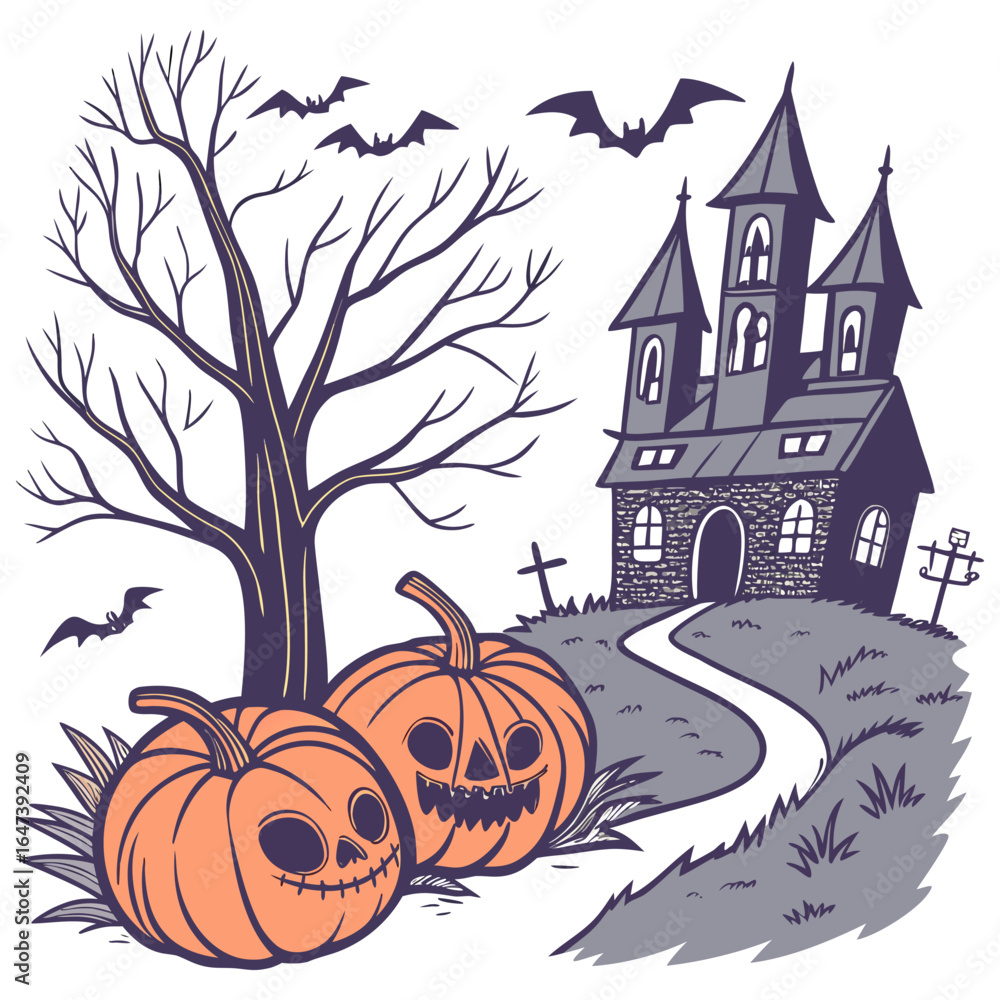 Poster old house with pumpkins in front, hellowen night hellowen party. happy hellowen background vector,he