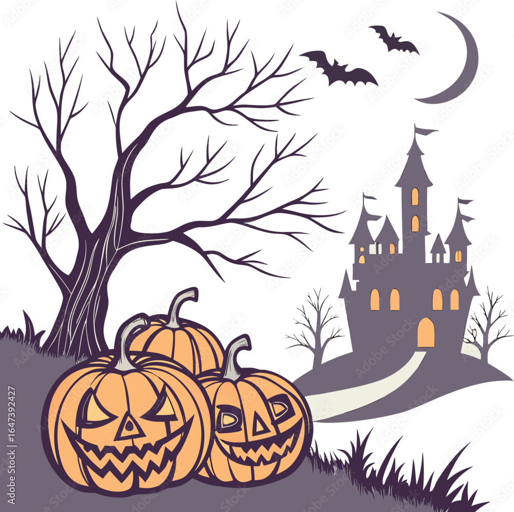 Poster old house with pumpkins in front, hellowen night hellowen party. happy hellowen background vector,he