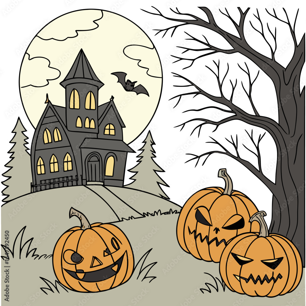 Poster old house with pumpkins in front, hellowen night hellowen party. happy hellowen background vector,he