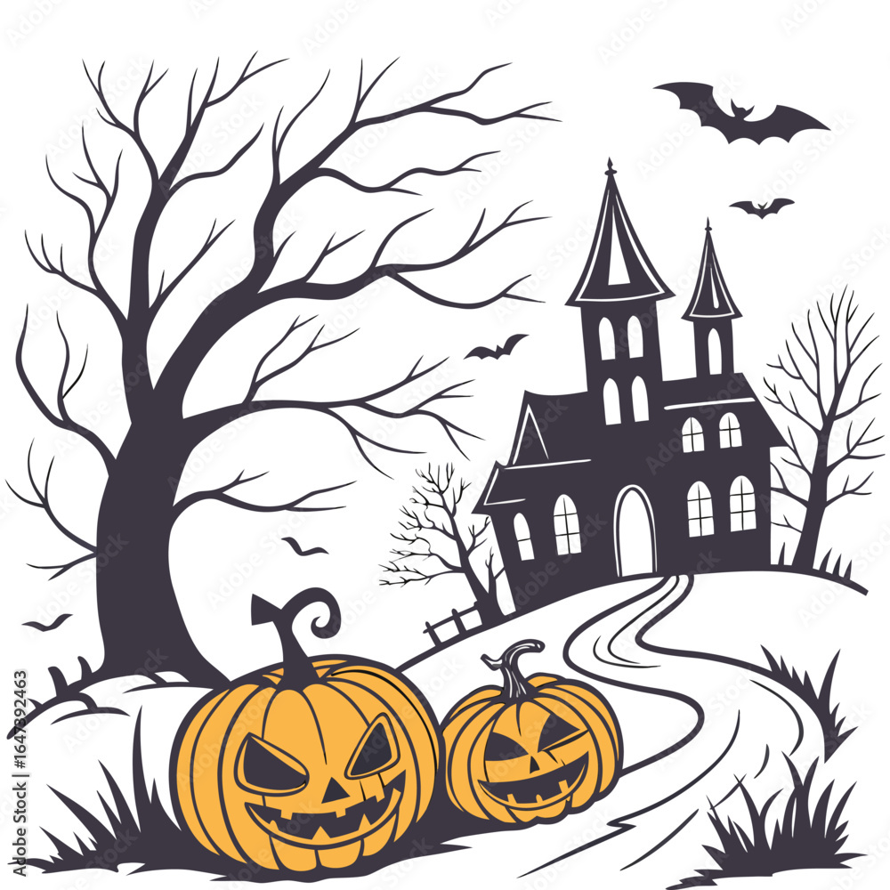 Poster old house with pumpkins in front, hellowen night hellowen party. happy hellowen background vector,he