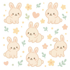 Cute Handdrawn Beige Bunny with Flower Seamless Pattern Background