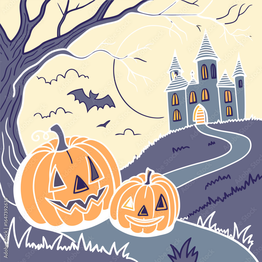 Poster old house with pumpkins in front, hellowen night hellowen party. happy hellowen background vector,he