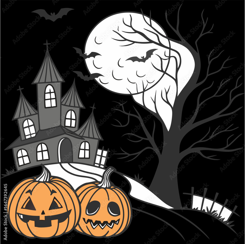 Poster old house with pumpkins in front, hellowen night hellowen party. happy hellowen background vector,he