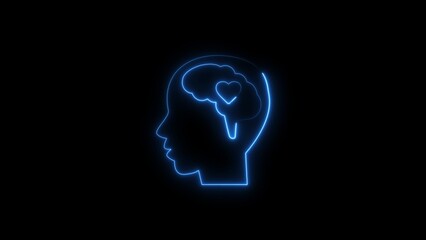 Neon blue brain with heart symbolized inside a human head silhouette against black