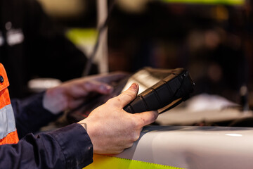 Aussie workman using digital diagnostics tool working on car vehicle engine in mechanics workshop
