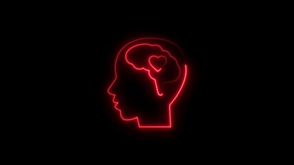Glowing red neon illustration depicting human head brain and heart symbol on black